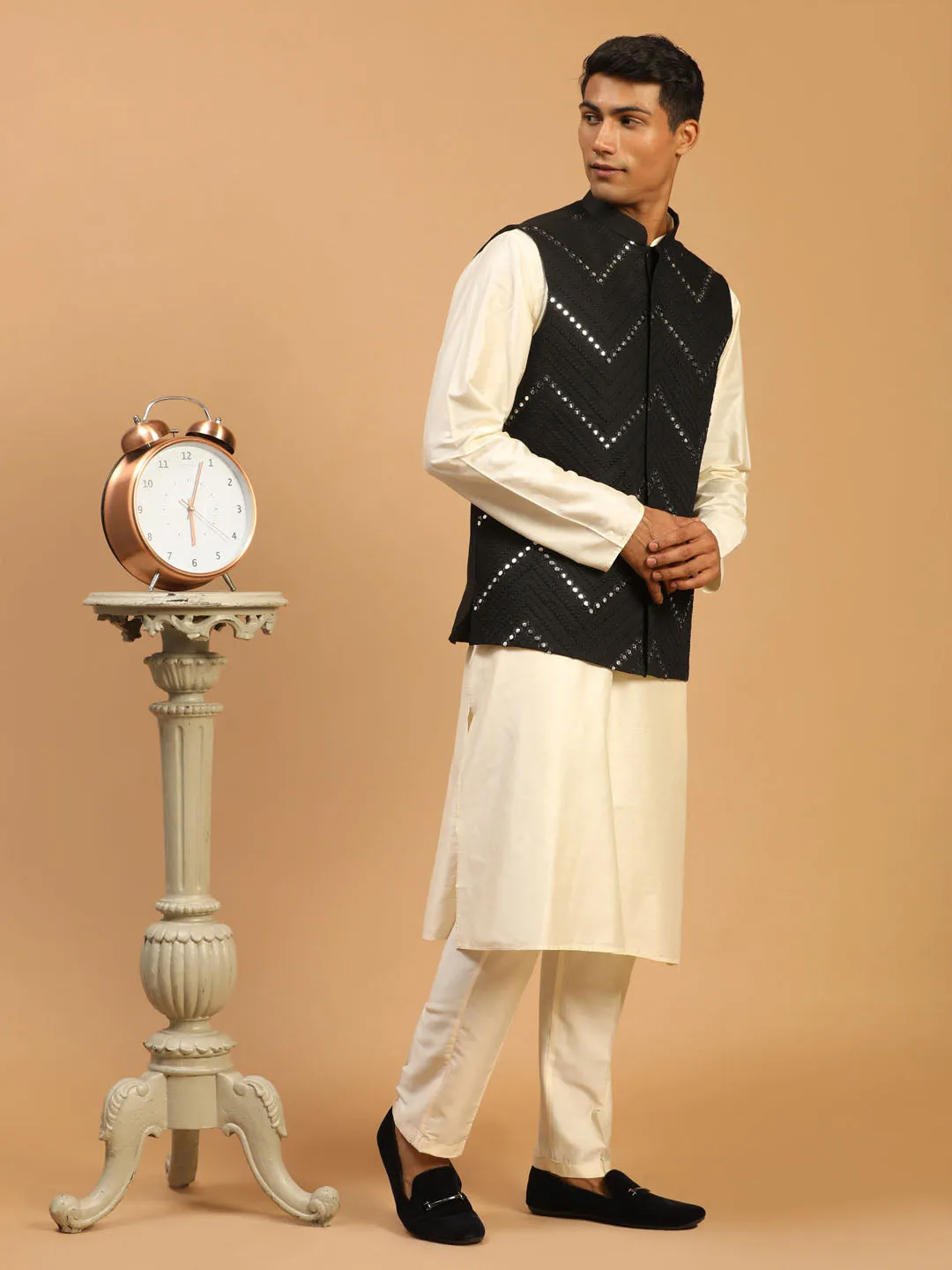 Vastramay Men's Black Mirror Jacket With Kurta Pant And Dupatta Set