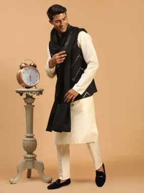 Vastramay Men's Black Mirror Jacket With Kurta Pant And Dupatta Set