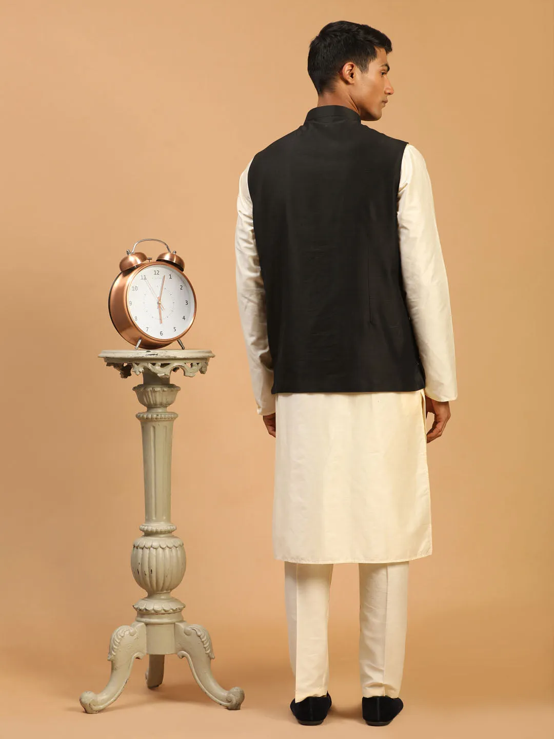 Vastramay Men's Black Mirror Jacket With Kurta Pant And Dupatta Set