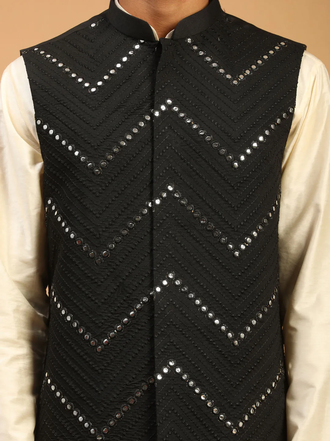 Vastramay Men's Black Mirror Jacket With Kurta Pant And Dupatta Set