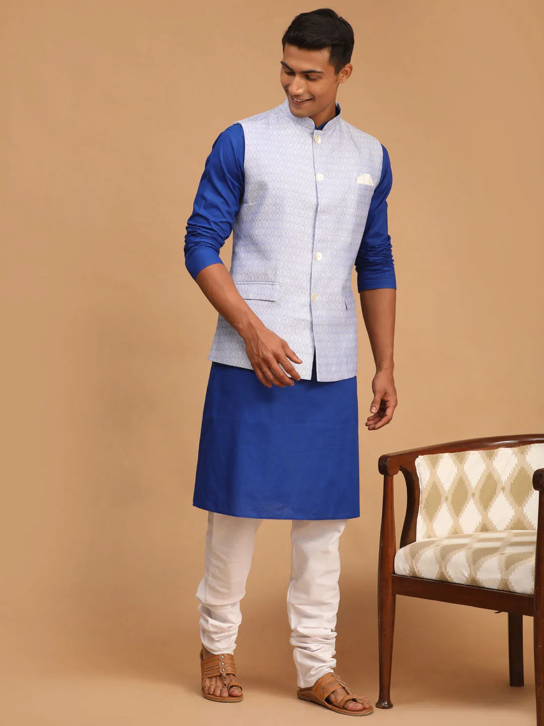 VASTRAMAY Men's Lavender Jacquard Nehru Jacket with Kurta Pyjama Set