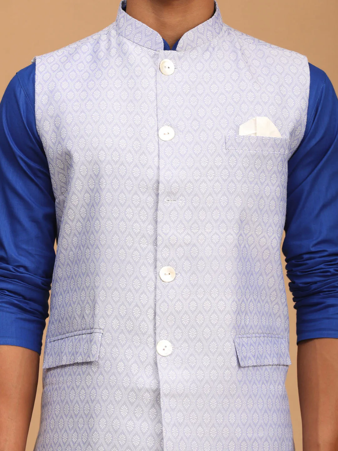 VASTRAMAY Men's Lavender Jacquard Nehru Jacket with Kurta Pyjama Set