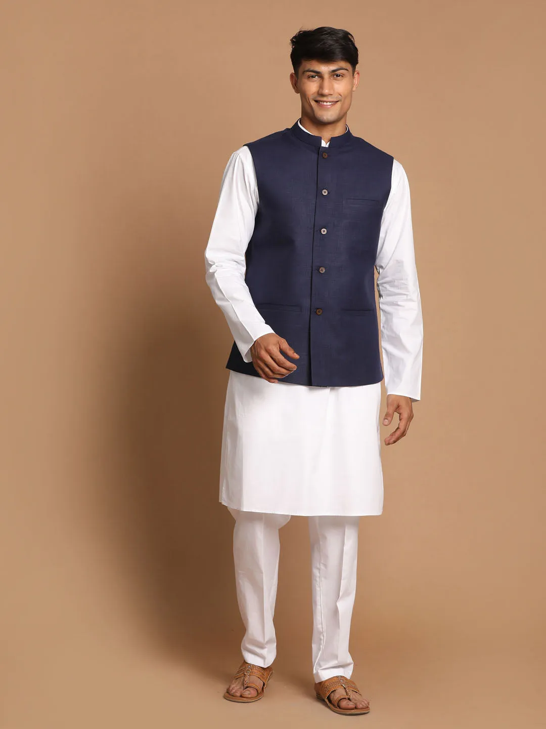 VASTRAMAY Men's Navy Blue Cotton Nehru Jacket  With White Kurta and Pant