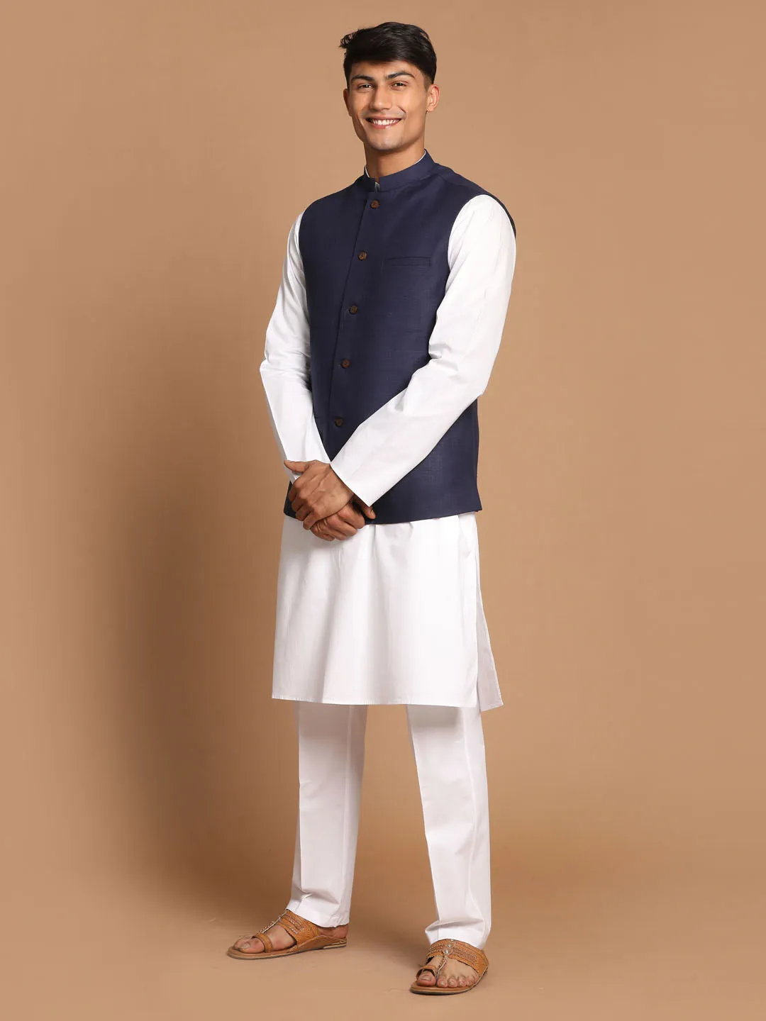 VASTRAMAY Men's Navy Blue Cotton Nehru Jacket  With White Kurta and Pant