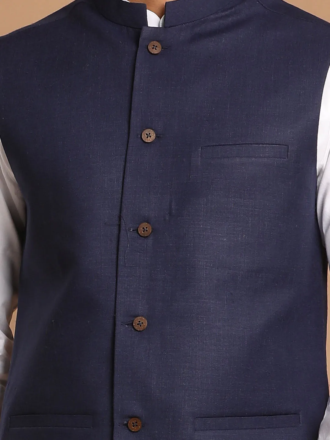 VASTRAMAY Men's Navy Blue Cotton Nehru Jacket  With White Kurta and Pant