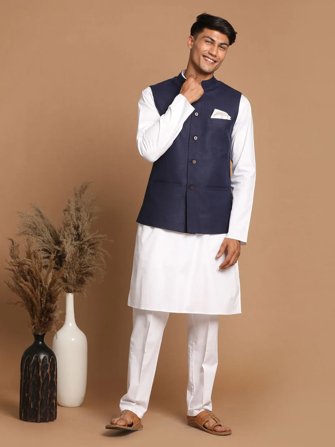 VASTRAMAY Men's Navy Blue Cotton Nehru Jacket  With White Kurta and Pant