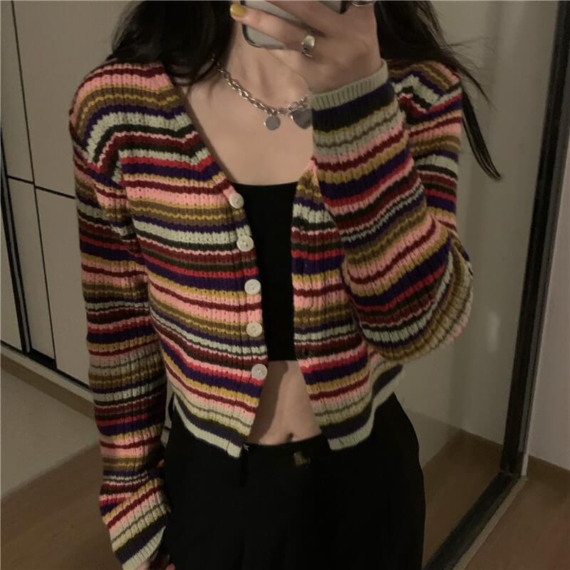 Vintage contrast stripe V-Neck long sleeve knit cardigan by29014