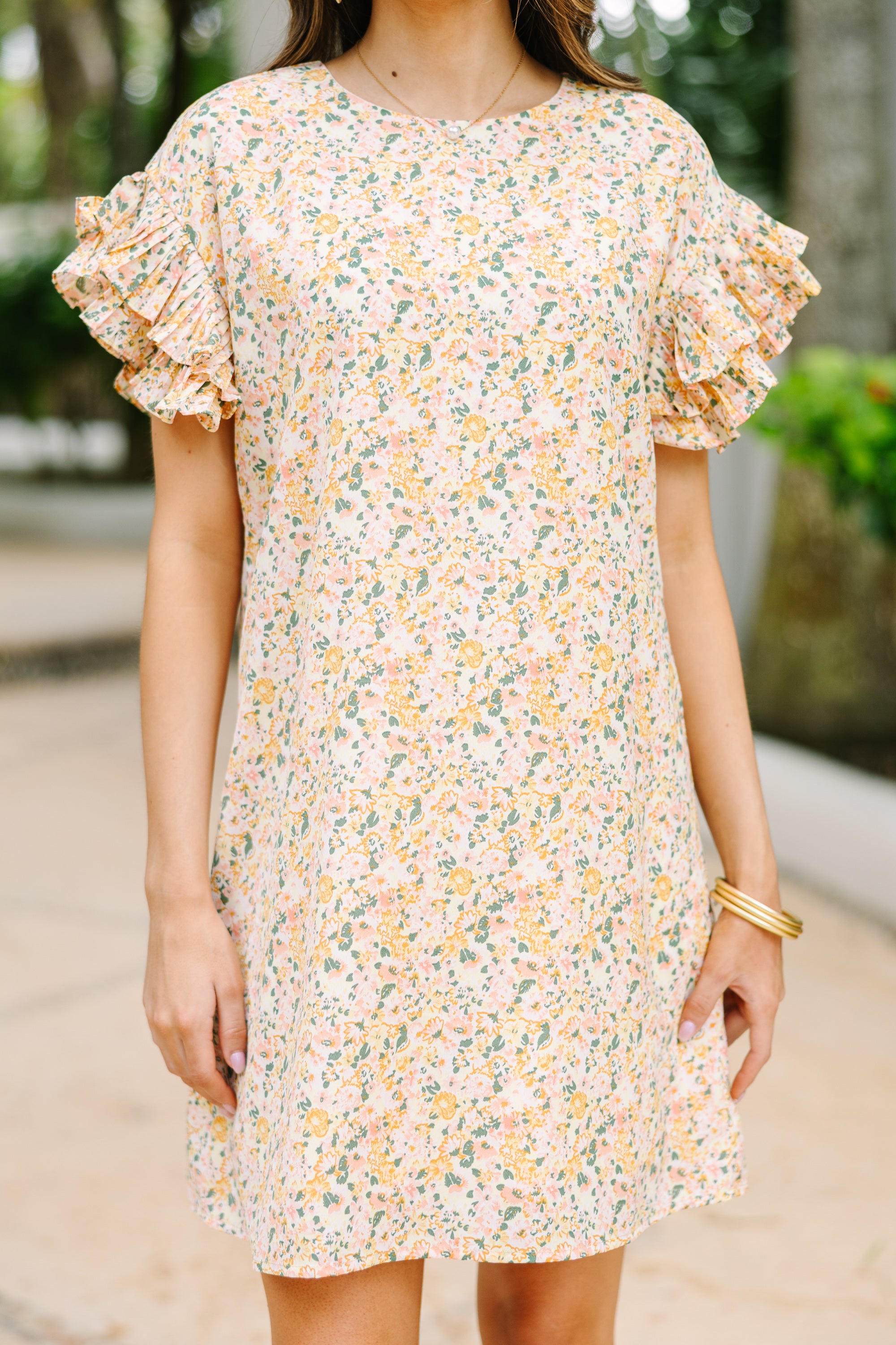 What A Vision Yellow Ditsy Floral Ruffled Dress