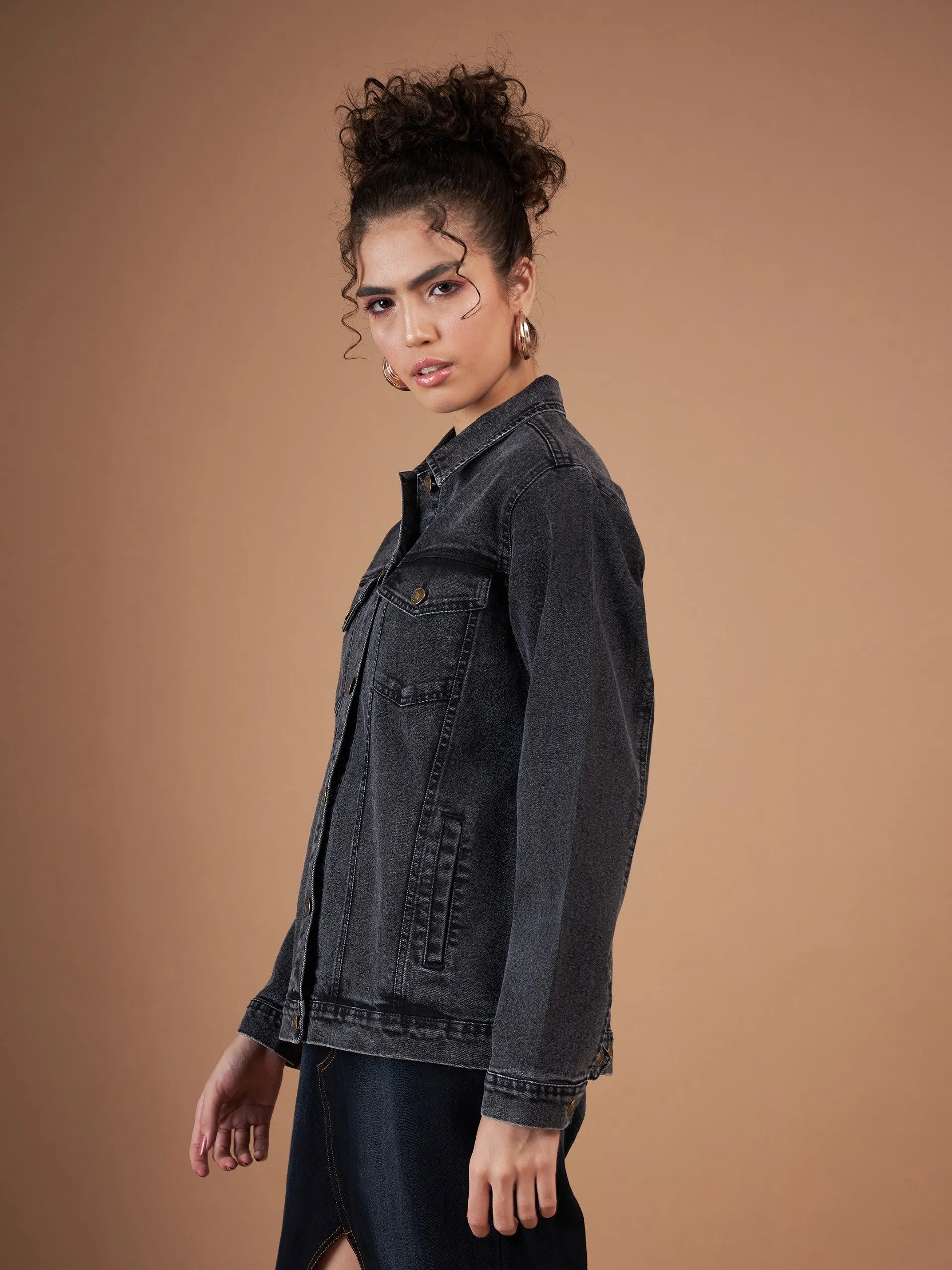 Women Black Washed Denim Oversized Jacket