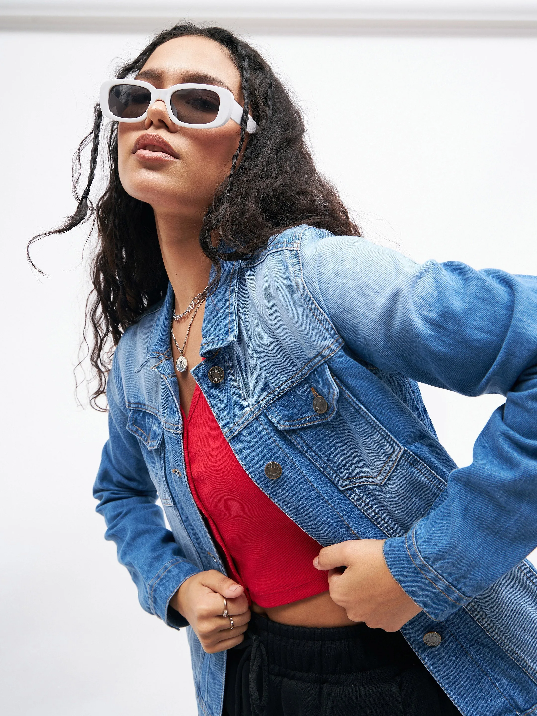 Women Blue Basic Denim Regular Jacket