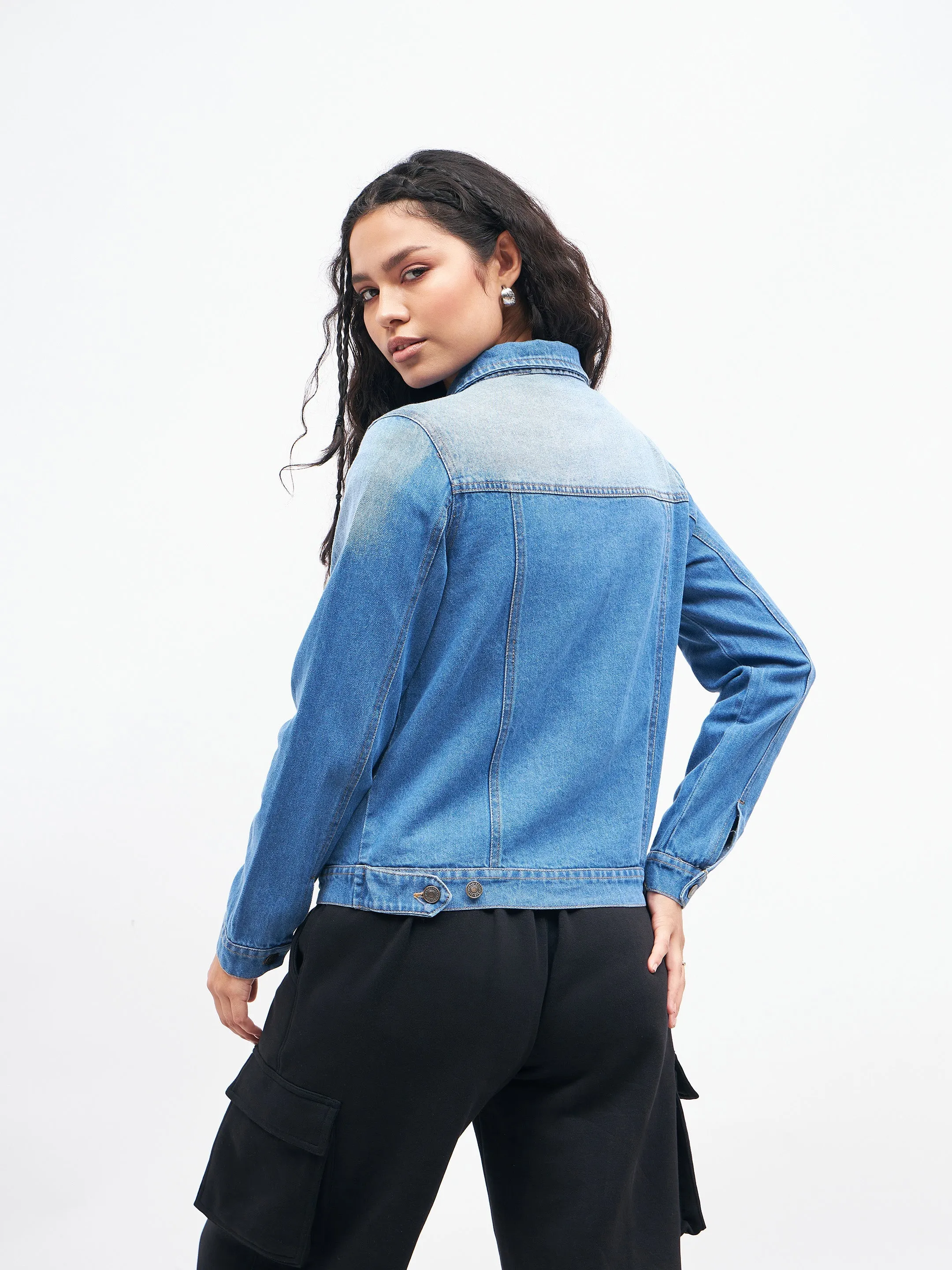 Women Blue Basic Denim Regular Jacket