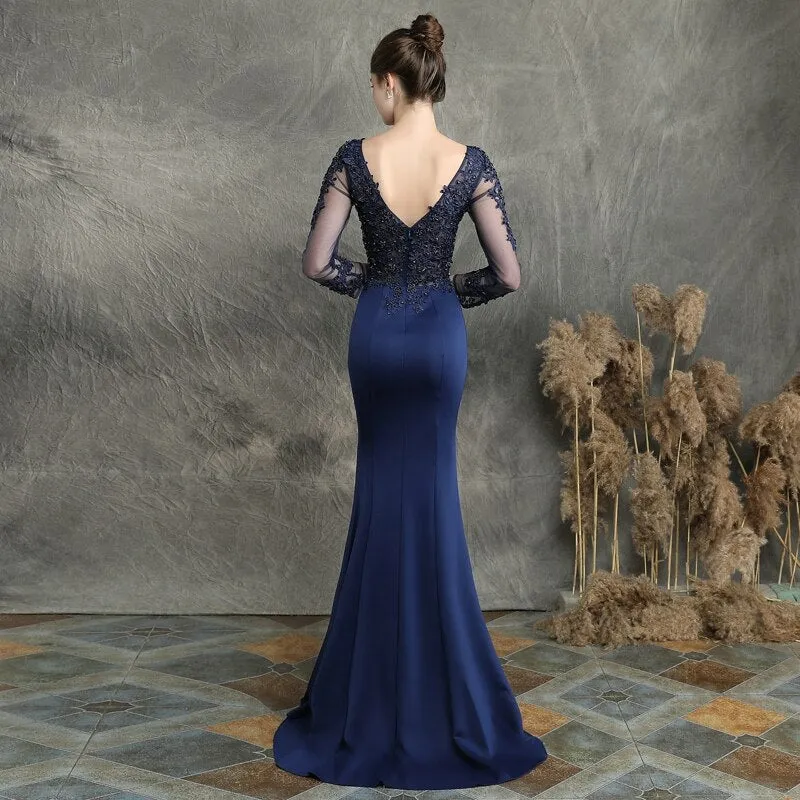 Women See through Tulle Long Sleeve Dress Elegant Satin Navy Blue Appliques Evening Dress