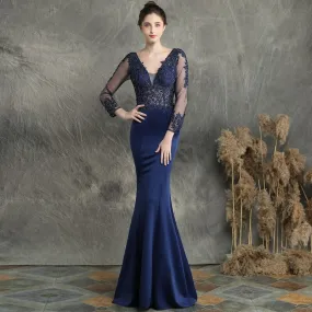 Women See through Tulle Long Sleeve Dress Elegant Satin Navy Blue Appliques Evening Dress