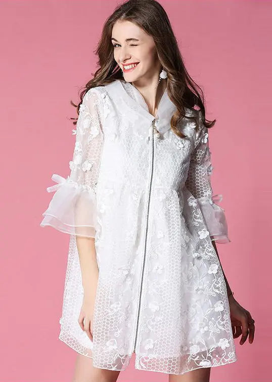 Women White Hooded Embroidered Tulle Mini Dresses Flare Sleeve HA1037