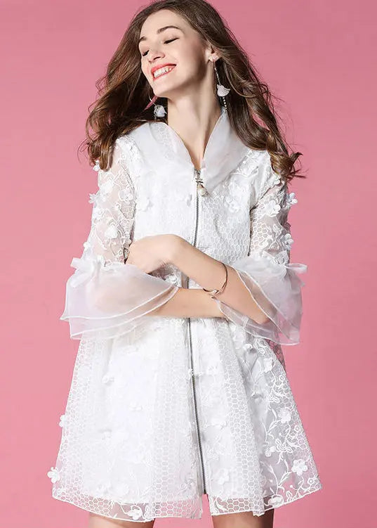 Women White Hooded Embroidered Tulle Mini Dresses Flare Sleeve HA1037