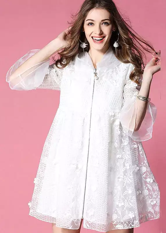 Women White Hooded Embroidered Tulle Mini Dresses Flare Sleeve HA1037