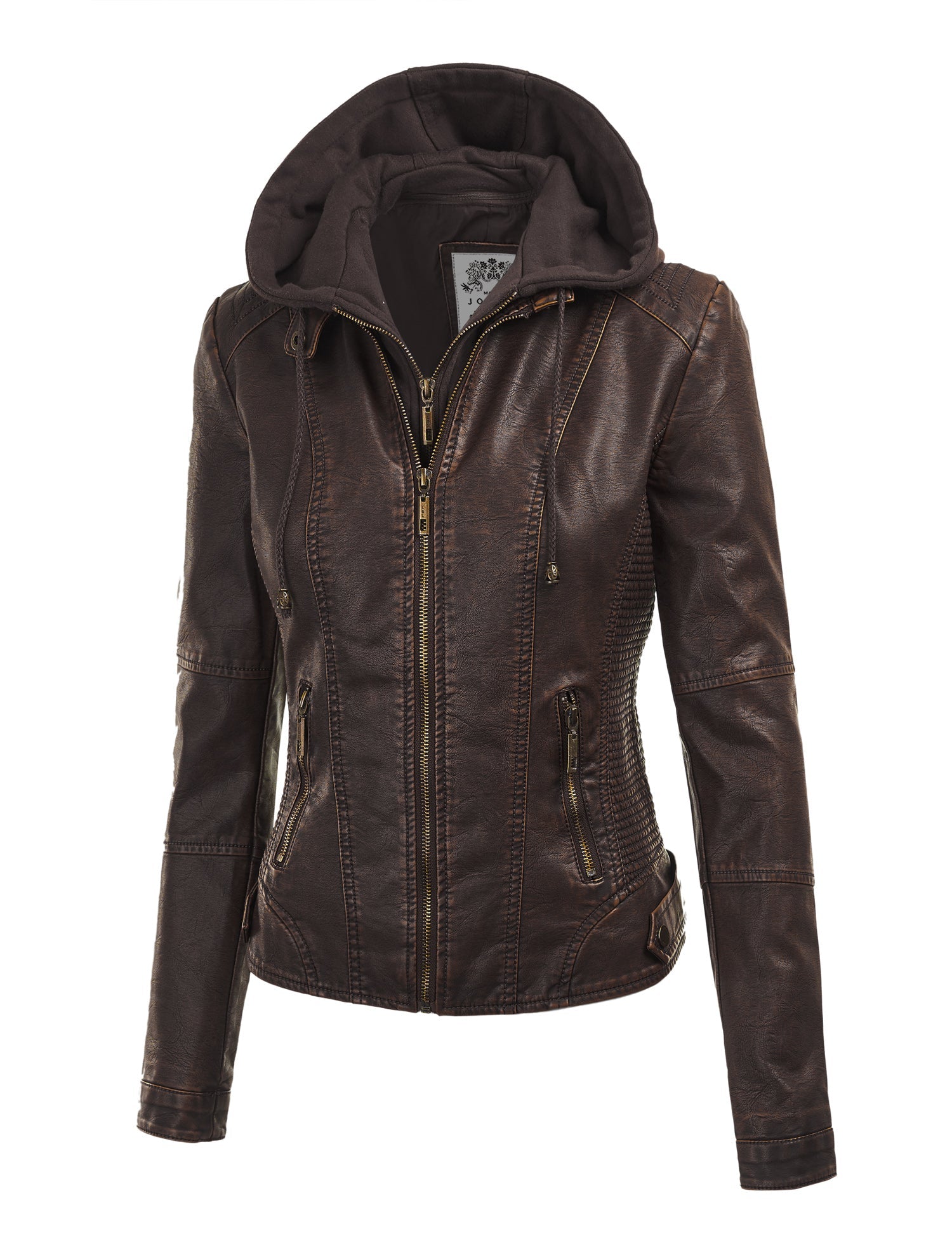 Womens Faux Leather Motorcycle Jacket with Hoodie