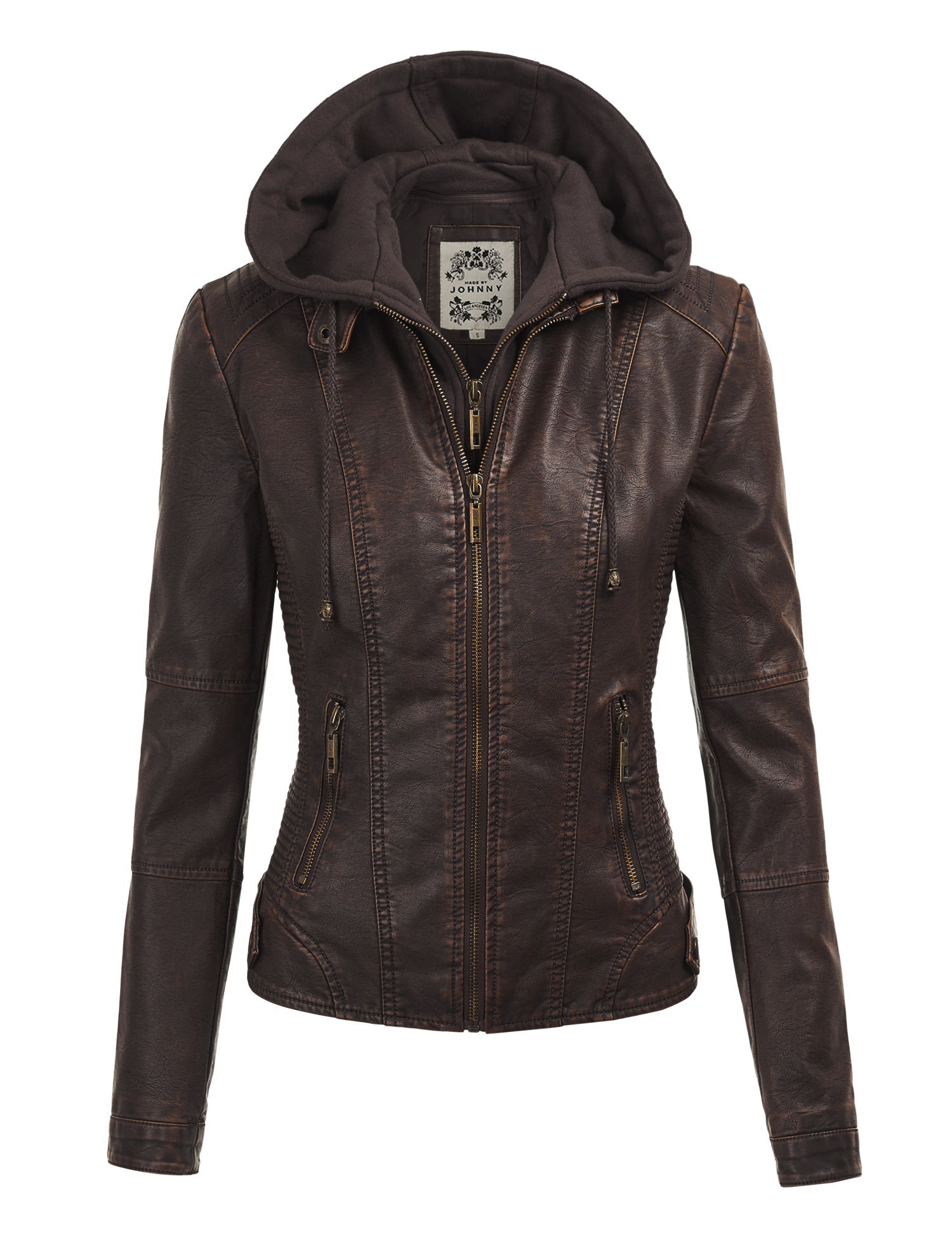 Womens Faux Leather Motorcycle Jacket with Hoodie