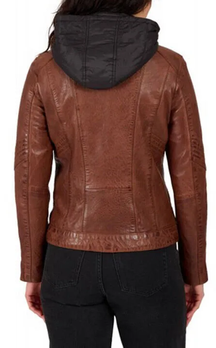 Women's hooded leather jacket cognac oakwood \64837\