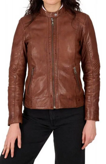 Women's hooded leather jacket cognac oakwood \64837\