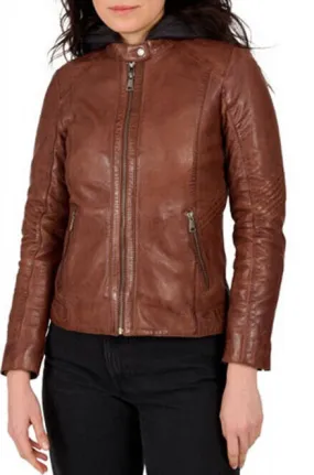 Women's hooded leather jacket cognac oakwood \64837\