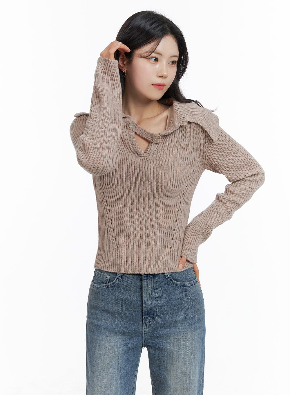 Wool Blend Unbalanced Neck Knit Collar Sweater OM420