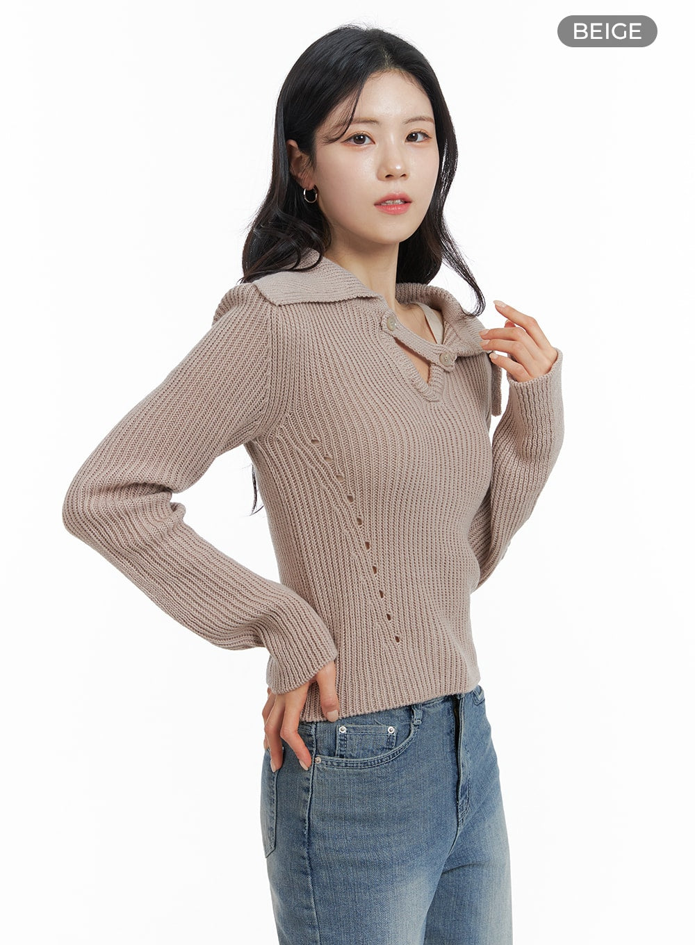 Wool Blend Unbalanced Neck Knit Collar Sweater OM420