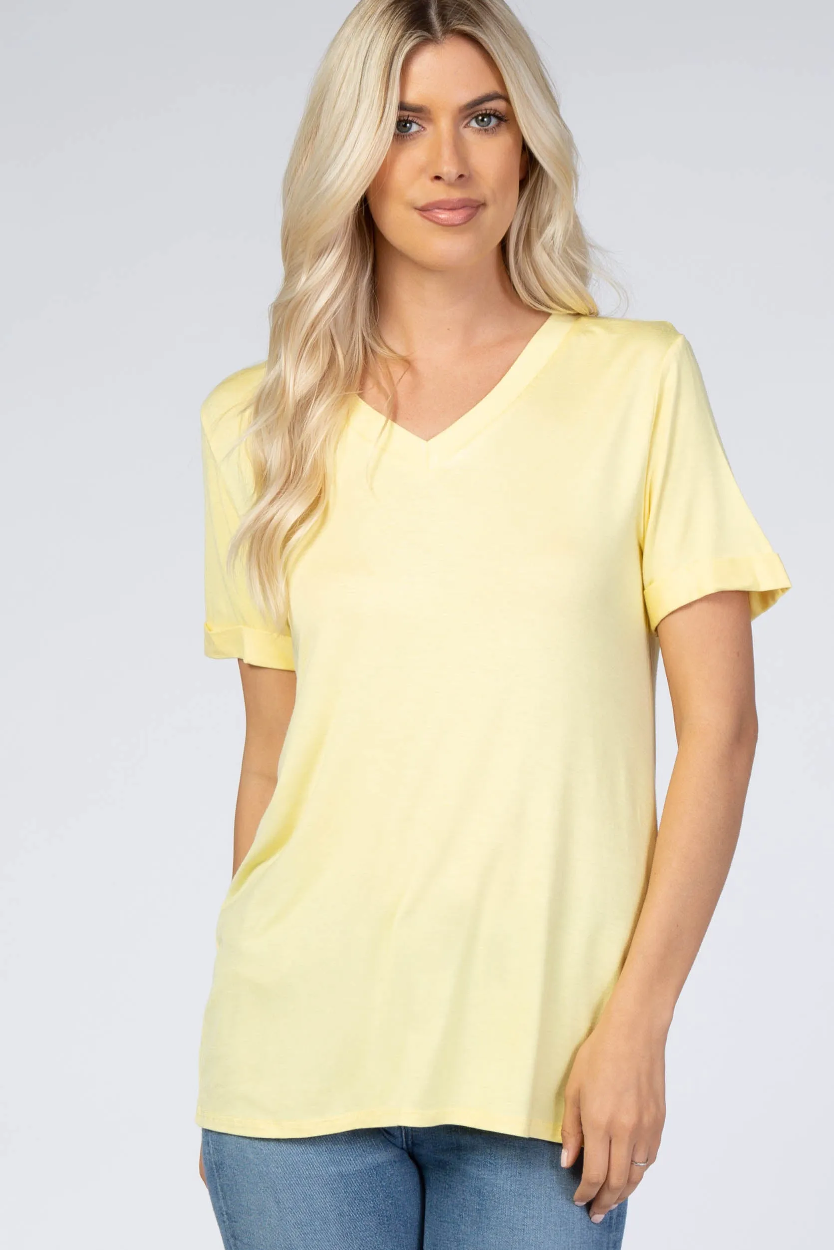 Yellow V-Neck Cuff Sleeve Top